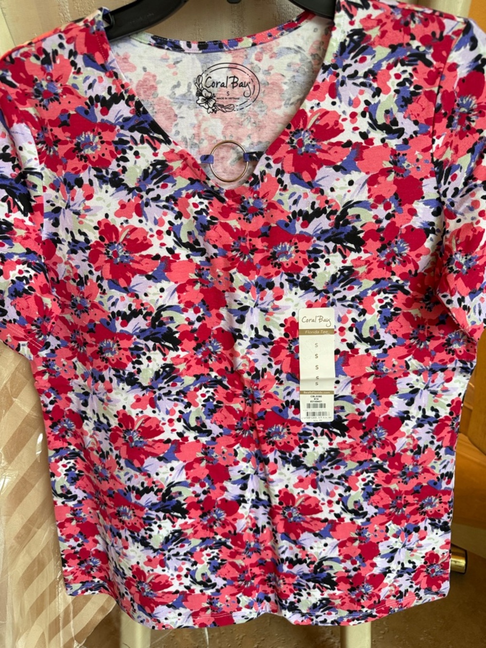 Coral Bay Bright Pink Floral V-Neck Short Sleeve Tee
